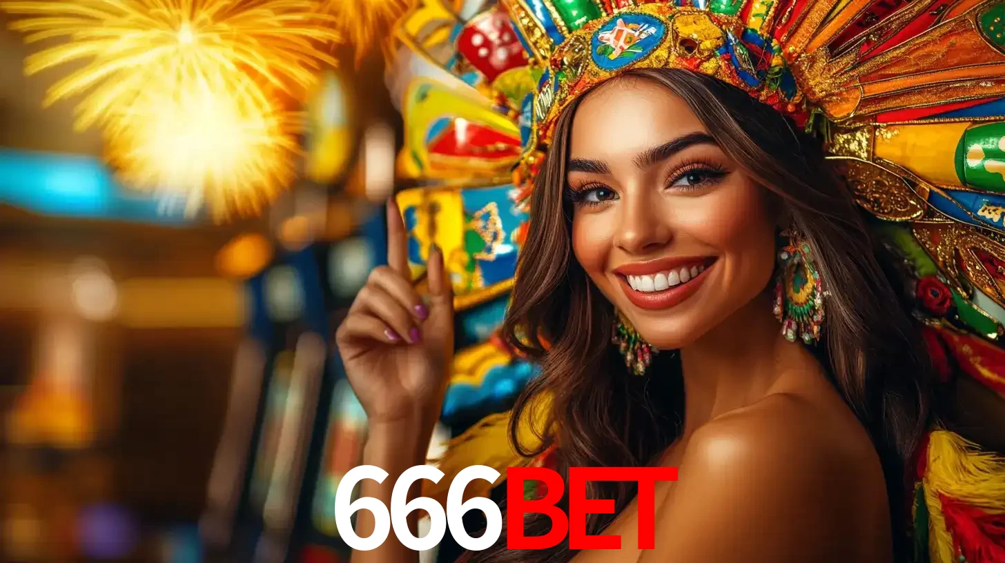 Mulher sorridente com um cocar de carnaval vibrante e colorido, celebrando uma grande vitória nos jogos do cassino 666BET com fogos de artifício ao fundo.