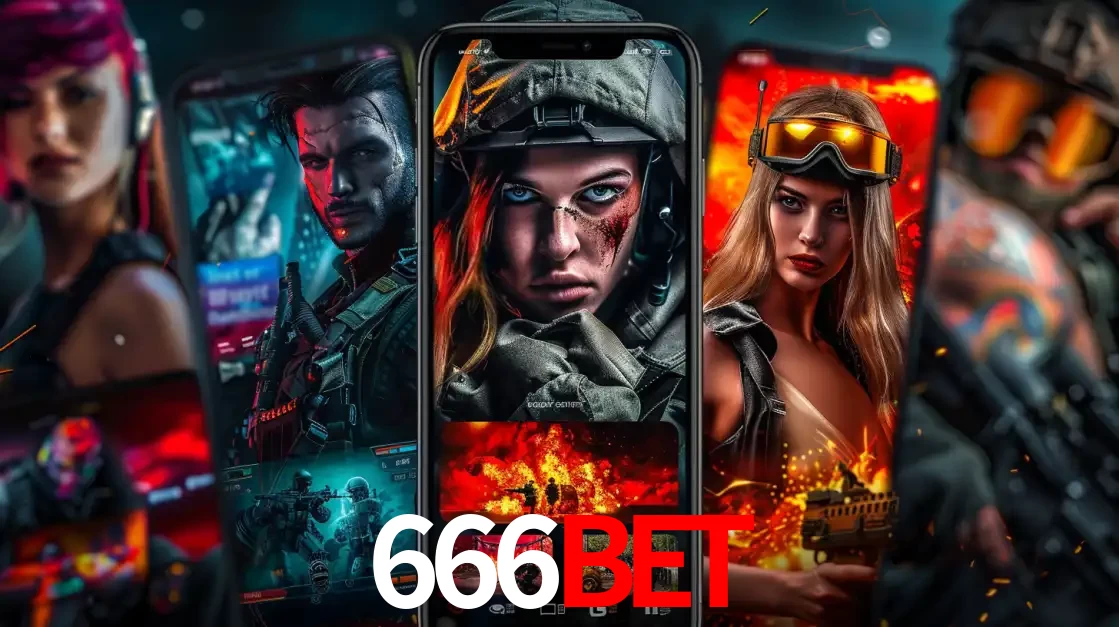 Montagem de telas de celular mostrando diversos personagens, masculinos e femininos, de um jogo de tiro, ilustrando a diversidade de equipes de e-sports para apostar no 666BET.