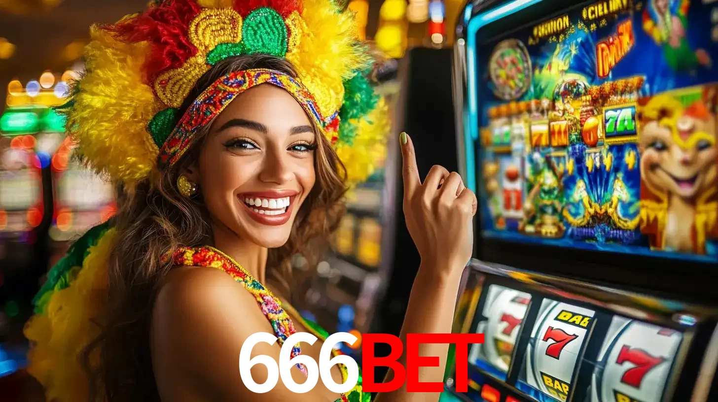 Mulher animada com um cocar de carnaval apontando para uma máquina de caça-níqueis, mostrando a emoção de ganhar um grande prêmio nos jogos do 666BET.