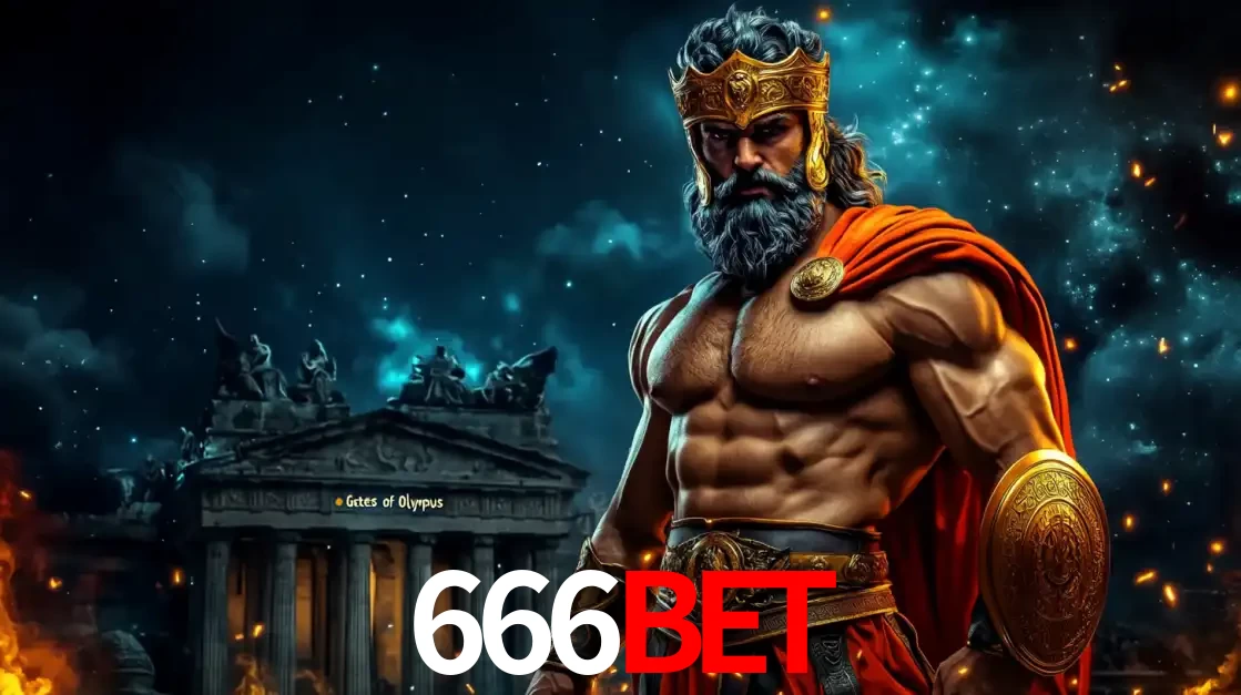 O poderoso Zeus do jogo de slot Gates of Olympus em frente ao seu templo, pronto para lançar multiplicadores divinos e prêmios épicos no cassino online 666BET.
