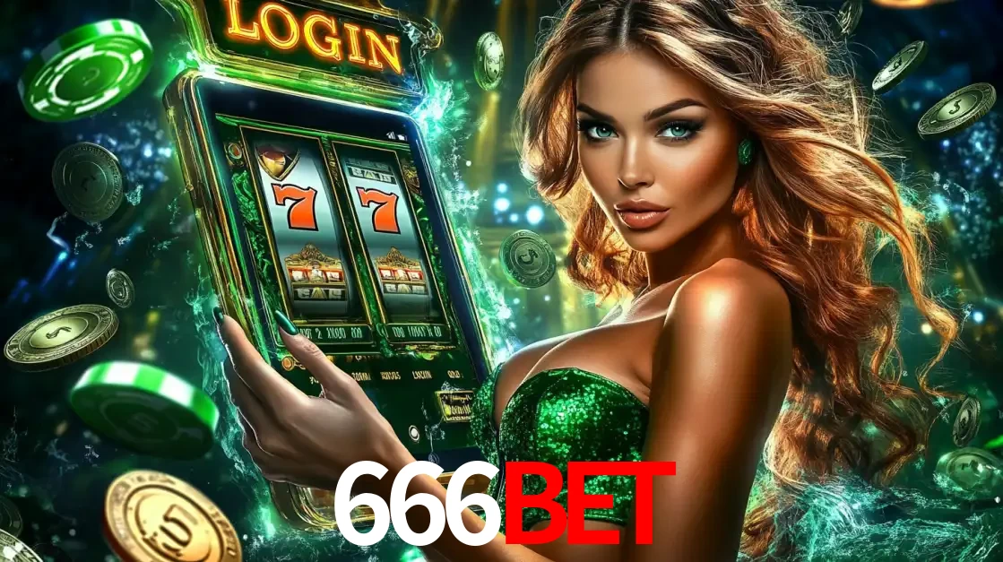 Mulher com tema verde apresentando o aplicativo do cassino 666BET com um jogo de slot de 777, cercada por fichas de cassino e uma aura de sorte.