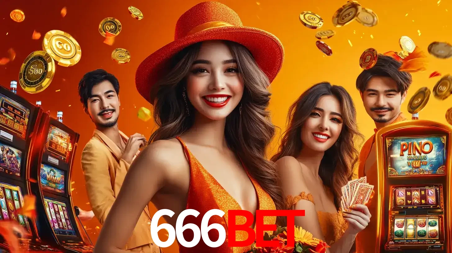 Grupo de amigos asiáticos sorrindo e se divertindo com máquinas de caça-níqueis em um ambiente festivo, celebrando suas vitórias nos jogos de cassino do 666BET.
