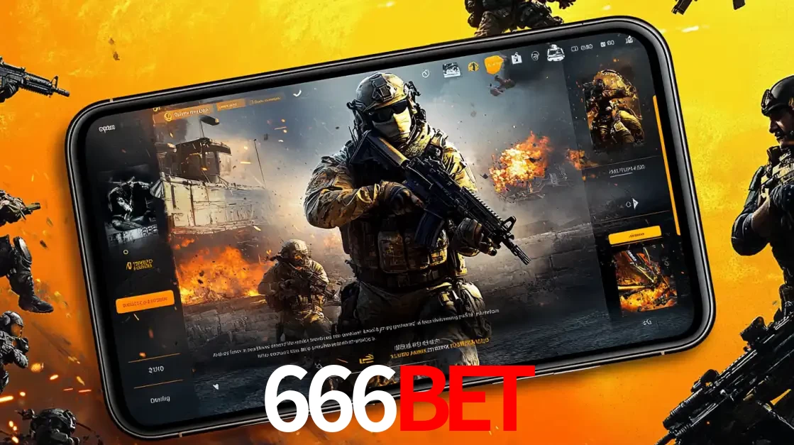 Um smartphone exibindo a interface de um jogo de tiro em primeira pessoa, com um soldado em um cenário de batalha, representando a ação dos e-sports para apostar no 666BET.