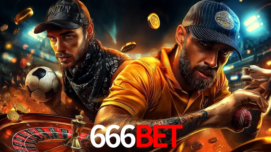 Montagem de apostas esportivas e cassino no 666BET, com um homem segurando uma bola de futebol e outro uma de beisebol sobre uma roleta e moedas voadoras.