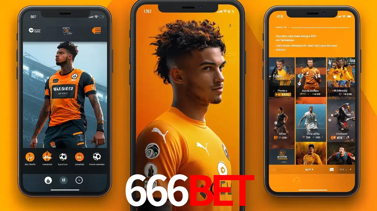 Interface do aplicativo de apostas esportivas 666BET em três telas de celular, mostrando o perfil de um jogador de futebol e a lista de jogos disponíveis para apostar.