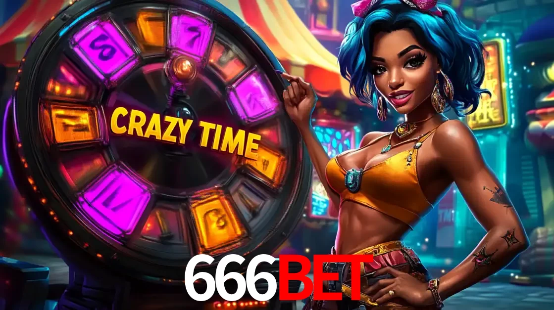 Mulher estilizada com cabelo azul e visual vibrante posando ao lado da roda de prêmios do game show Crazy Time, convidando para a diversão e os bônus do cassino 666BET.