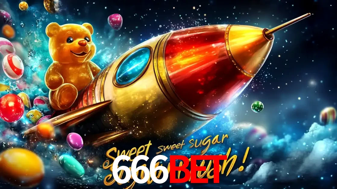 Arte promocional do jogo de slot Sugar Rush, com um urso de pelúcia em um foguete viajando pelo espaço de doces, um dos jogos divertidos disponíveis no cassino 666BET.