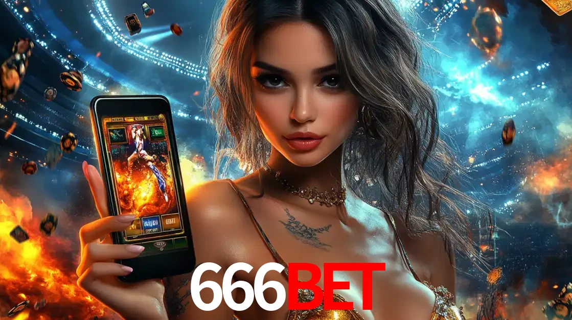 Mulher segurando um celular com um jogo de slot em destaque, tendo como fundo um estádio vibrante, simbolizando a emoção de jogar no cassino móvel 666BET.
